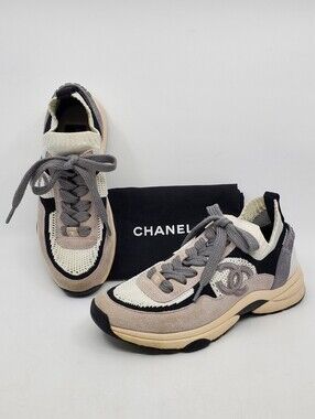 Chanel CC Low Top Suede And Knit Mesh Sneakers